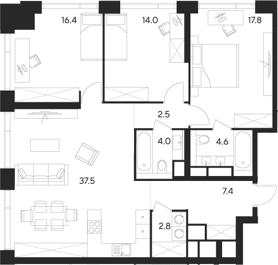 Планировка — Indy Towers, 4-комн., 107 м²
