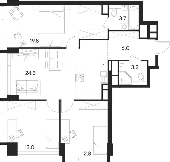 Планировка — Indy Towers, 4-комн., 83 м²