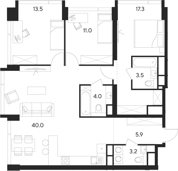 Планировка — Indy Towers, 4-комн., 98 м²
