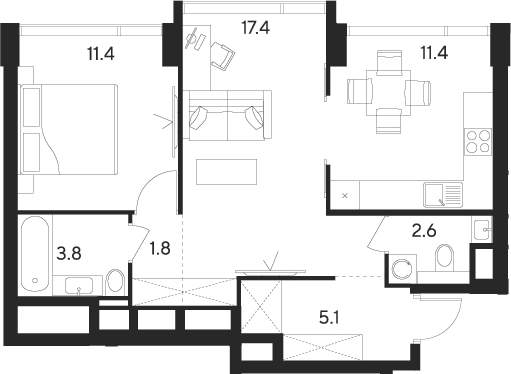 Планировка — Indy Towers, 2-комн., 54 м²