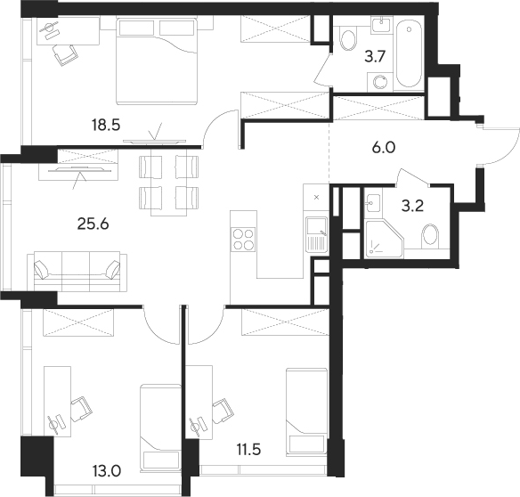 Планировка — Indy Towers, 4-комн., 82 м²