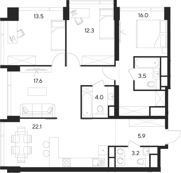 Планировка — Indy Towers, 5-комн., 98 м²