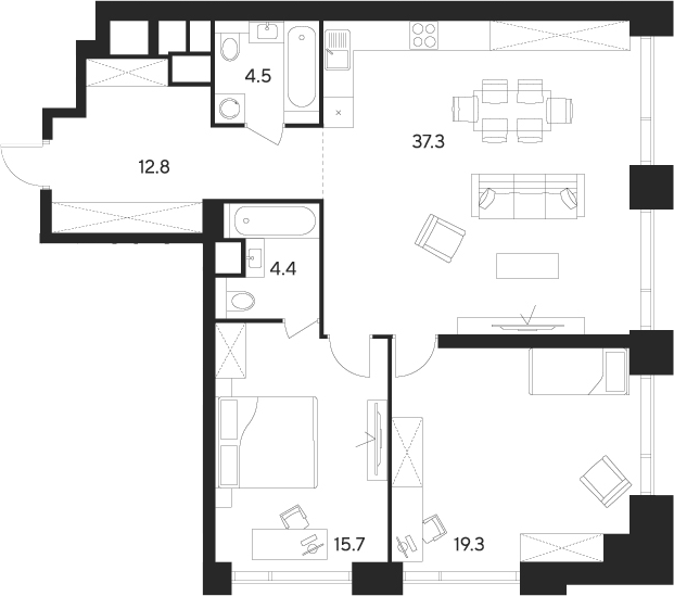 Планировка — Indy Towers, 3-комн., 94 м²