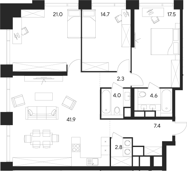 Планировка — Indy Towers, 4-комн., 116 м²