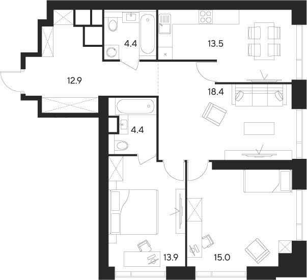 Планировка — Indy Towers, 3-комн., 83 м²