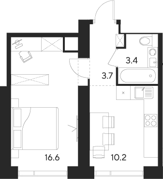 Планировка — Indy Towers, 1-комн., 34 м²