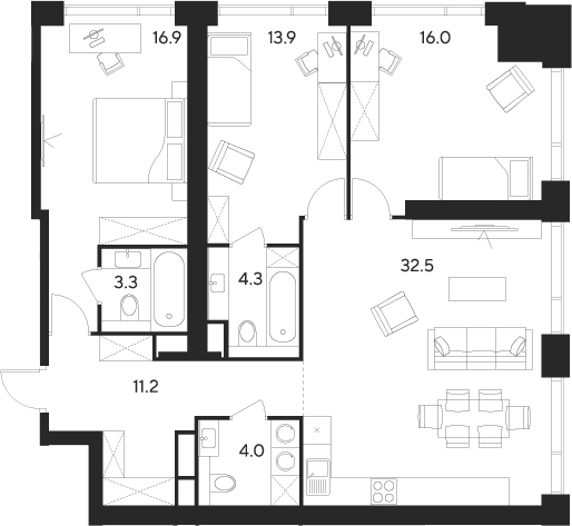 Планировка — Indy Towers, 4-комн., 102 м²