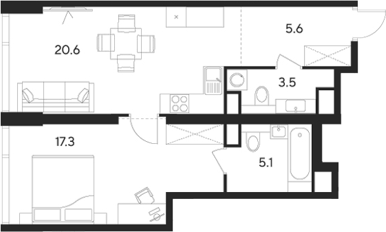 Планировка — Indy Towers, 2-комн., 52 м²