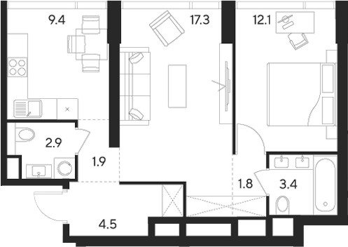 Планировка — Indy Towers, 2-комн., 53 м²