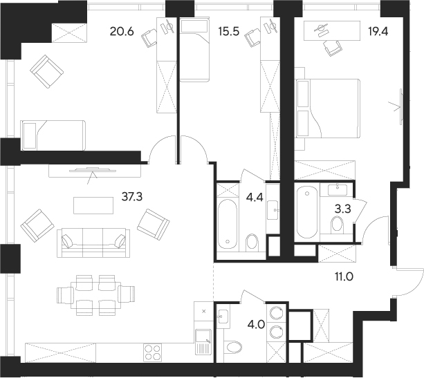 Планировка — Indy Towers, 4-комн., 116 м²