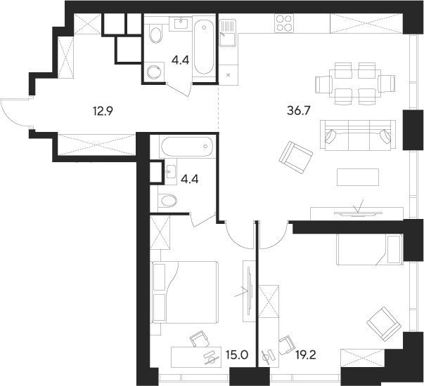 Планировка — Indy Towers, 3-комн., 93 м²