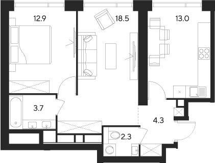 Планировка — Indy Towers, 2-комн., 55 м²