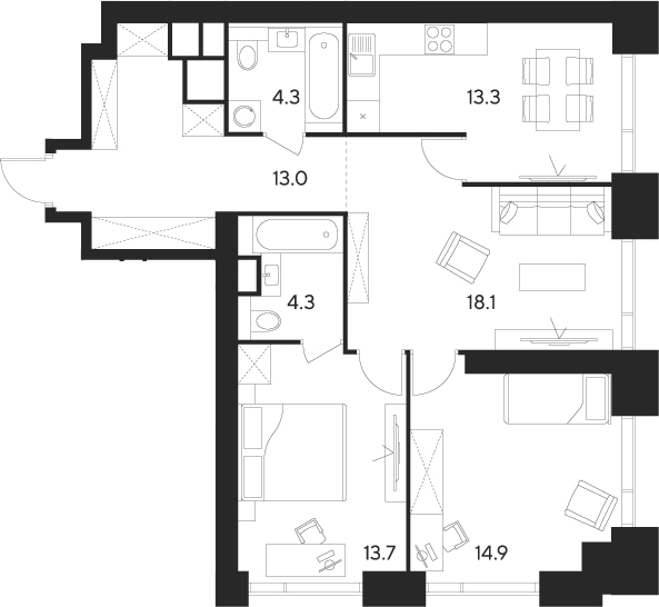 Планировка — Indy Towers, 3-комн., 82 м²