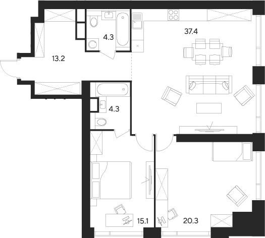 Планировка — Indy Towers, 3-комн., 95 м²