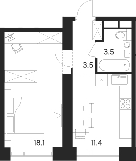 Планировка — Indy Towers, 1-комн., 37 м²