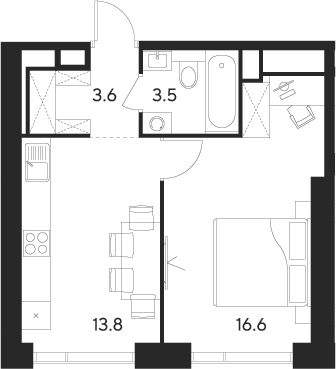 Планировка — Indy Towers, 1-комн., 38 м²