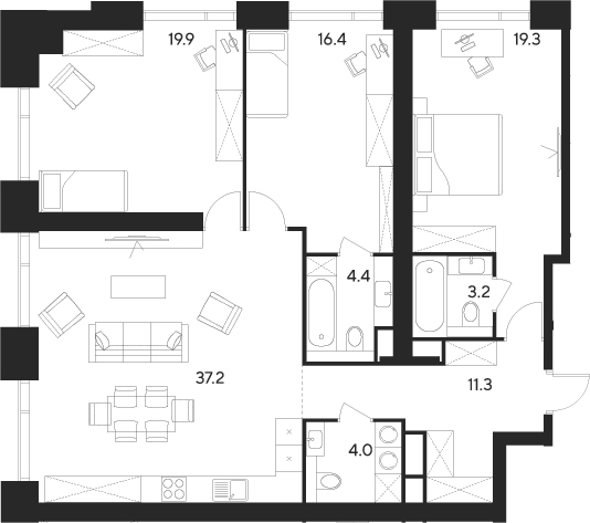 Планировка — Indy Towers, 4-комн., 116 м²