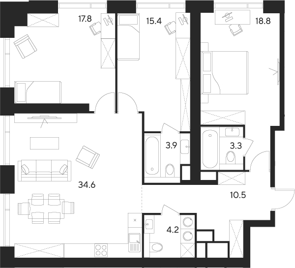 Планировка — Indy Towers, 4-комн., 109 м²
