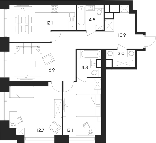 Планировка — Indy Towers, 3-комн., 78 м²