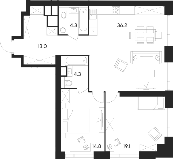 Планировка — Indy Towers, 2-комн., 92 м²