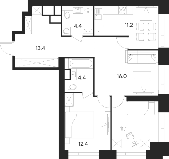 Планировка — Indy Towers, 3-комн., 73 м²