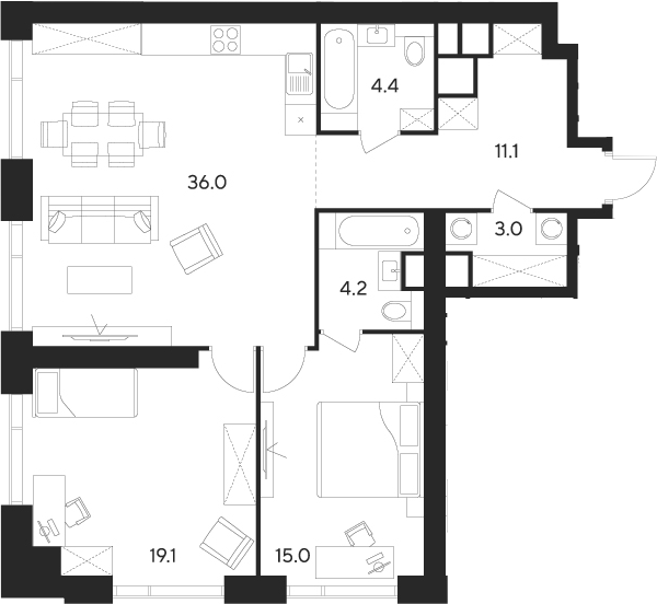 Планировка — Indy Towers, 2-комн., 93 м²