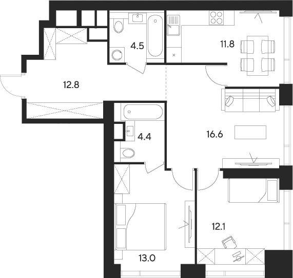 Планировка — Indy Towers, 3-комн., 75 м²