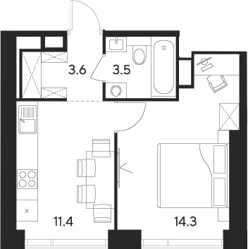 Планировка — Indy Towers, 1-комн., 33 м²