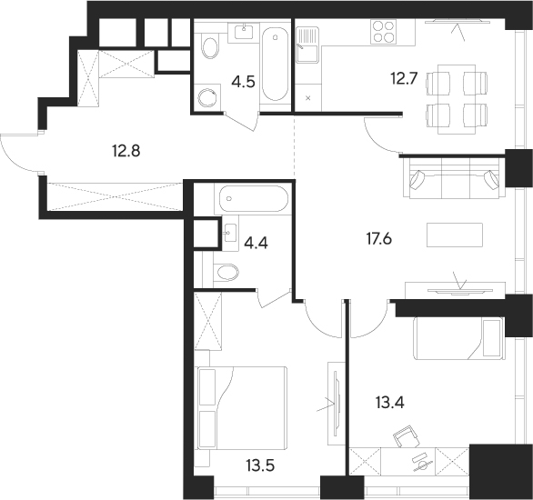 Планировка — Indy Towers, 3-комн., 79 м²