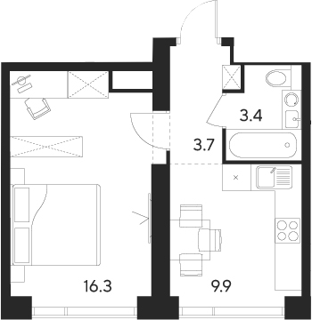 Планировка — Indy Towers, 1-комн., 33 м²