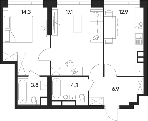 Планировка — Indy Towers, 2-комн., 59 м²