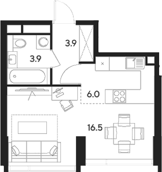 Планировка — Indy Towers, Студия, 30 м²