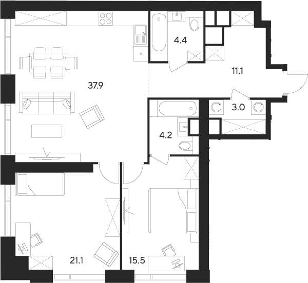 Планировка — Indy Towers, 3-комн., 97 м²