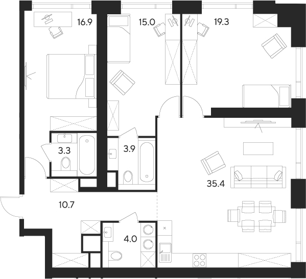 Планировка — Indy Towers, 3-комн., 109 м²