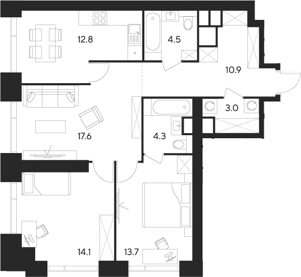 Планировка — Indy Towers, 3-комн., 81 м²