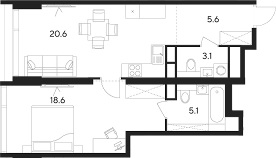 Планировка — Indy Towers, 2-комн., 53 м²