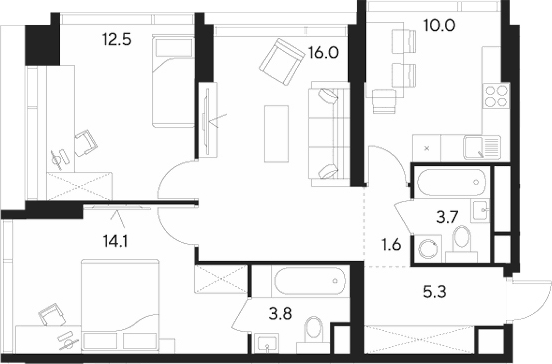 Планировка — Indy Towers, 3-комн., 67 м²
