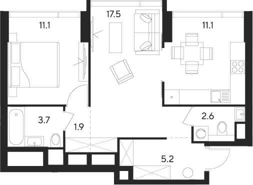 Планировка — Indy Towers, 2-комн., 53 м²