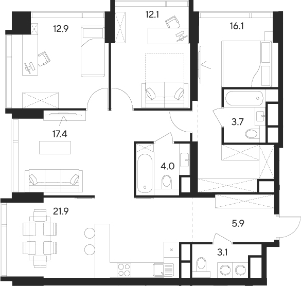 Планировка — Indy Towers, 5-комн., 97 м²