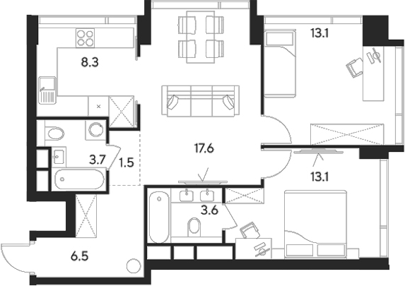 Планировка — Indy Towers, 3-комн., 67 м²