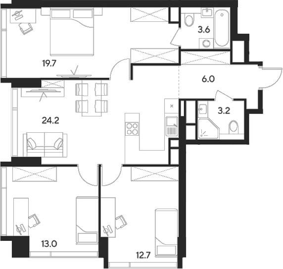 Планировка — Indy Towers, 4-комн., 82 м²