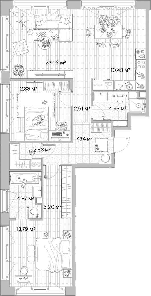 Планировка — МЫС, 3-комн., 87 м²