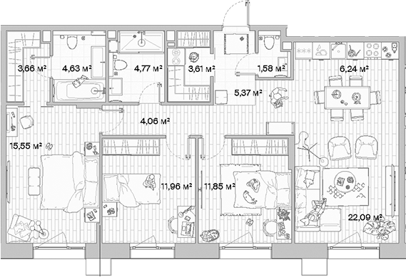 Планировка — МЫС, 4-комн., 95 м²
