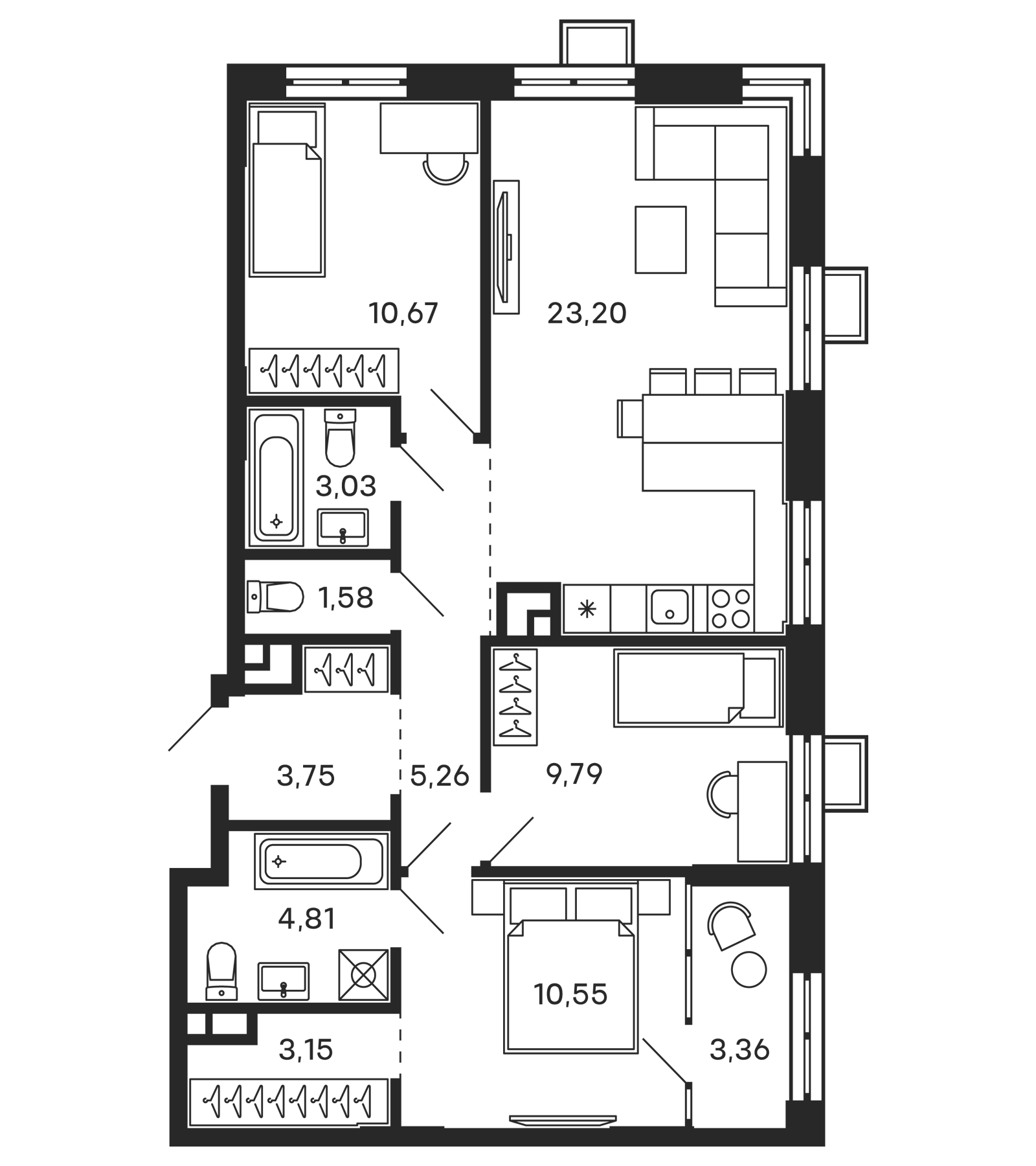 Планировка — Тетрис, 4-комн., 78 м²