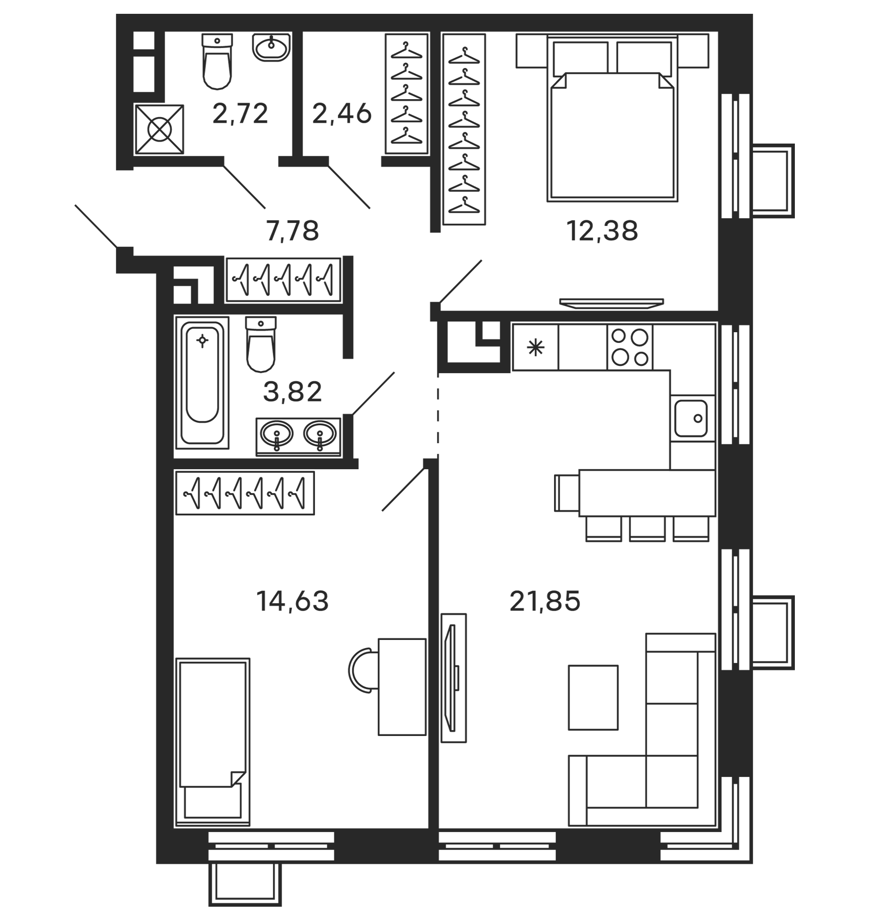Планировка — Тетрис, 3-комн., 66 м²