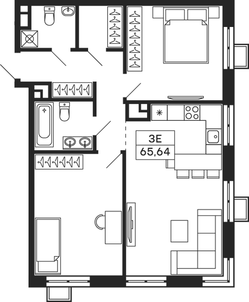 Планировка — Тетрис, 3-комн., 67 м²