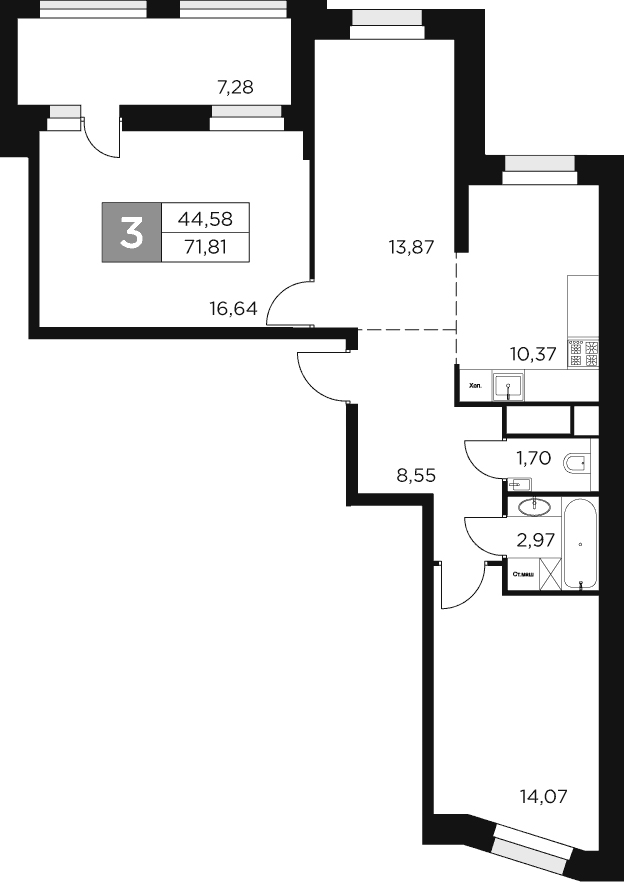 Планировка — Восток 2, 3-комн., 68 м²