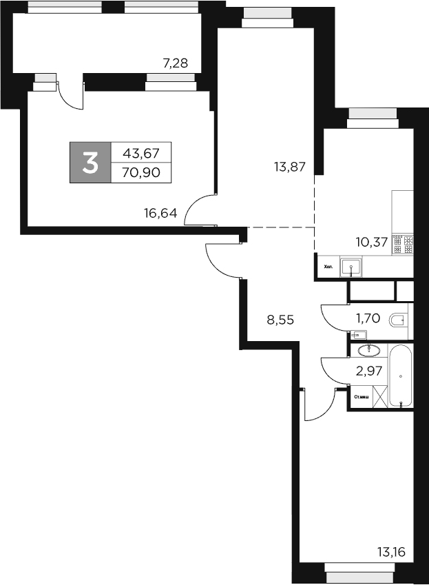 Планировка — Восток 2, 3-комн., 67 м²