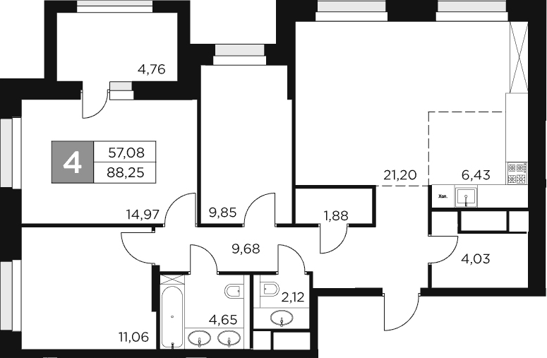 Планировка — Восток 2, 4-комн., 86 м²
