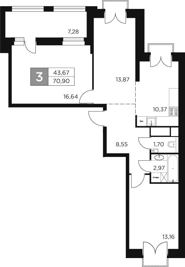 Планировка — Восток 2, 3-комн., 67 м²